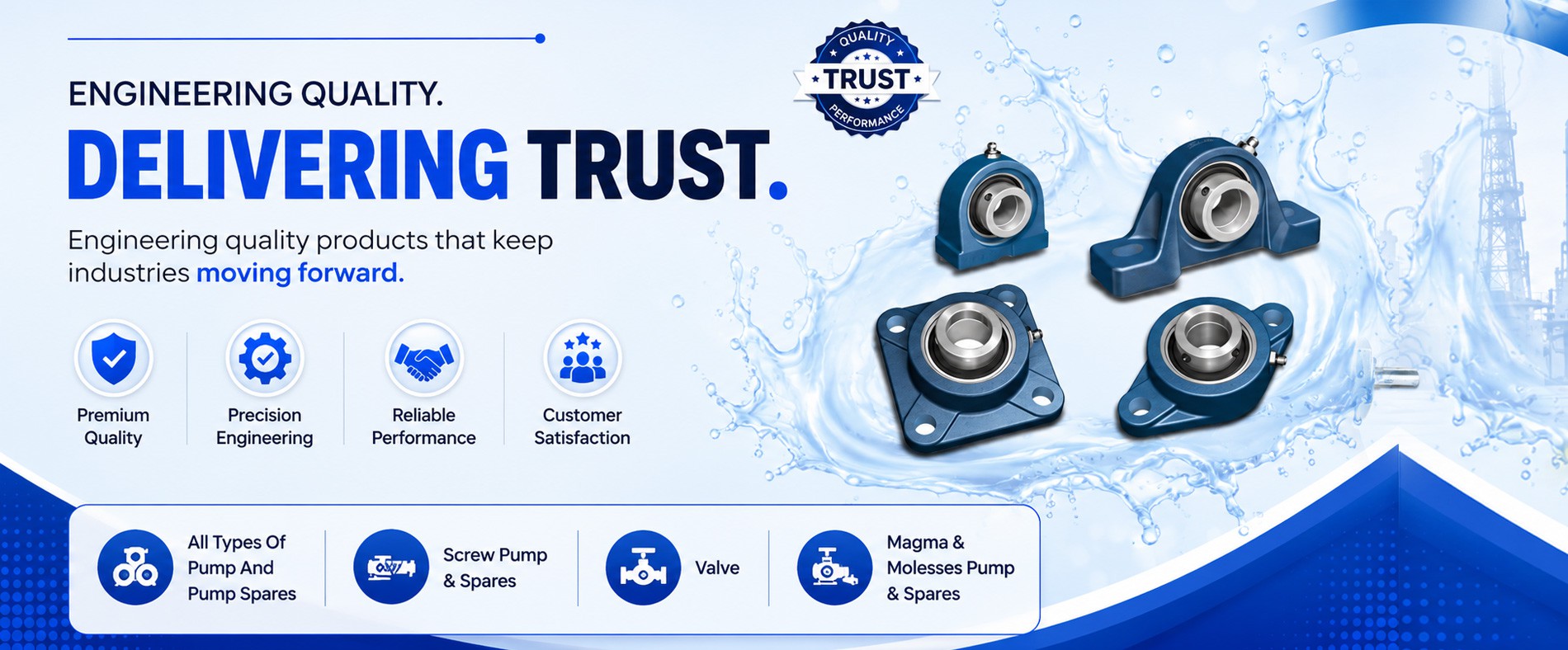 Screw Pump & Spares, Gear Box Spares, Planetary Gear Box, Couplings, Oil Seals, Foundation Bolts, Bearing Pedestal, Spray Pond Pvc Nozzle, Dosing Pump Spare, Compressor Spares & Repairing, Polymer Runner, All Types Of Ci Valve Sales, Repairing & Reconditioning.